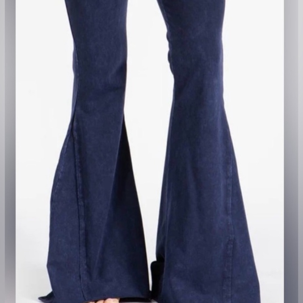 Mineral wash blue denim cotton bell bottom pant flare rave festival burner Small